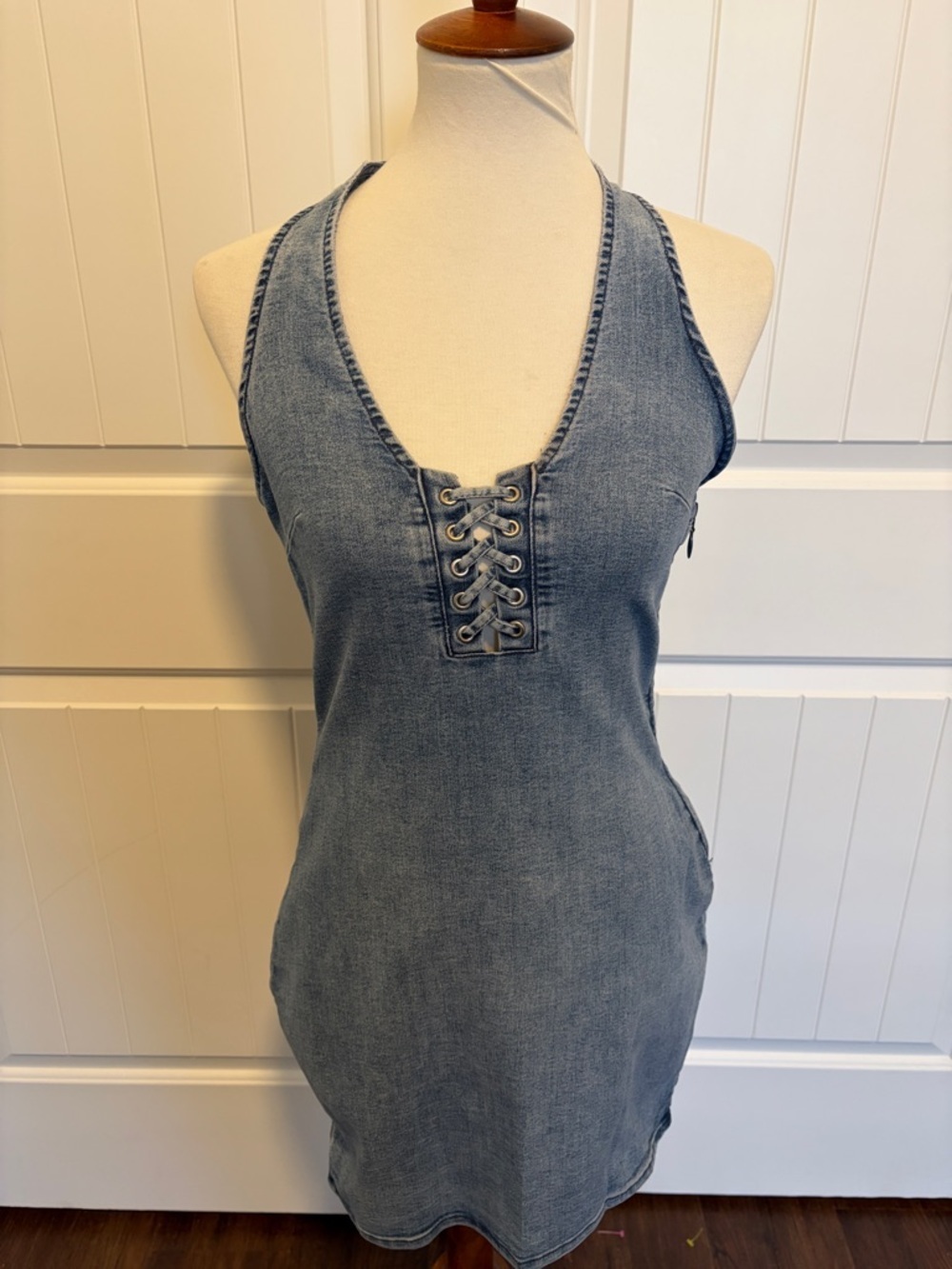 H&M Blue Denim Lace-Up Halter Dress